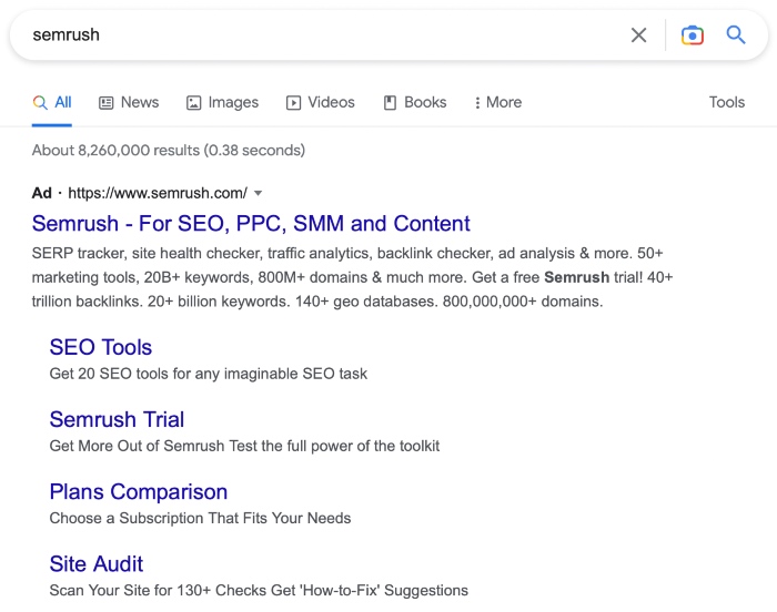 semrush in google search
